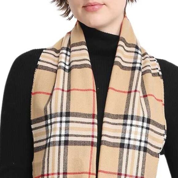 Janice Apparel Accessories - Janice Apparel Women's Faux Cashmere Scarf Classic Tan Plaid Tartan Fringe